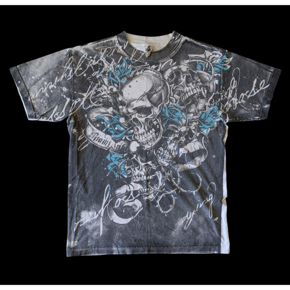 Vintage Miami Ink Skull Rose Tattoo Print T Shirt Medium Adult Art Y2K Grunge